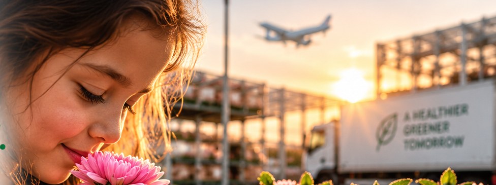 Meisje ruikt aan een roze bloem, met bloemenlogistiek op de achtergrond
